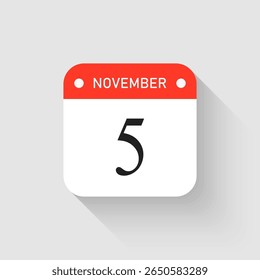 Vector icon page day calendar - 5 November. Pictogram template for anniversary, reminder, schedule, planning. Simple illustration reminder 5th day of month. Calendar on the wall for date, to-do list