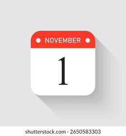 Vector icon page day calendar - 1 November. Pictogram template for anniversary, reminder, schedule, planning. Simple illustration reminder 1st day of month. Calendar on the wall for date, to-do list