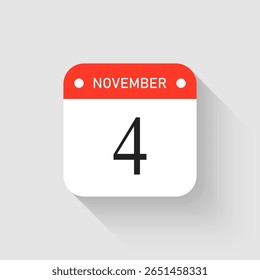 Vector icon page day calendar - 4 November. Pictogram template for anniversary, reminder, schedule, planning. Simple illustration reminder 4th day of month. Calendar on the wall for date, to-do list