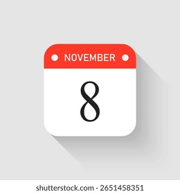 Vector icon page day calendar - 8 November. Pictogram template for anniversary, reminder, schedule, planning. Simple illustration reminder 8th day of month. Calendar on the wall for date, to-do list