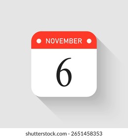 Vector icon page day calendar - 6 November. Pictogram template for anniversary, reminder, schedule, planning. Simple illustration reminder 6th day of month. Calendar on the wall for date, to-do list