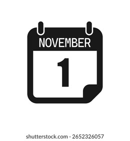 Calendário do dia da página do ícone do vetor - 1 de novembro. Modelo de pictograma para aniversário, lembrete, programação, planejamento. Lembrete de ilustração simples 1º dia do mês. Calendário no mural para data, lista de tarefas