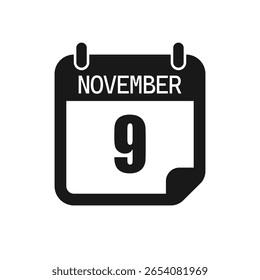 Calendario del día de la página de iconos de Vector - 9 de noviembre. Pictograma de Plantilla para aniversario, recordatorio, horario, planificación. Recordatorio de ilustración simple del noveno día del mes. Calendario en la pared para la fecha, lista de tareas pendientes