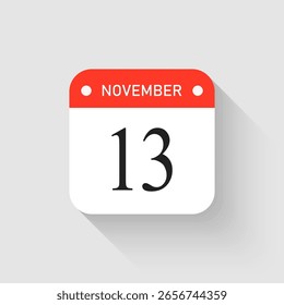 Vektor Symbol Seite Tag Kalender - 13 November. Piktogrammvorlage für Jubiläum, Erinnerung, Zeitplan, Planung. Einfache Illustration Erinnerung 13. Tag des Monats. Kalender an der Wand für Datum, Aufgabenliste