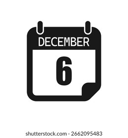 Vetor ícone página dia calendário - 6 dezembro. Modelo de pictograma para aniversário, lembrete, programação, planejamento. Lembrete de ilustração simples 6º dia do mês. Calendário no mural para data, lista de tarefas
