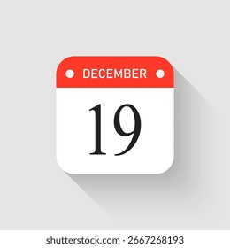 Vector icon page day calendar - 19 December. Pictogram template for anniversary, reminder, schedule, planning. Simple illustration reminder 19th day of month. Calendar on the wall for date, to-do list
