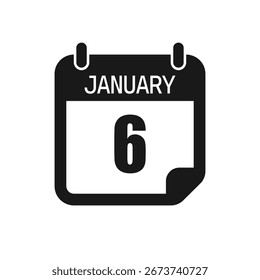Vector icon page day calendar - 6 January. Pictogram template for anniversary, reminder, schedule, planning. Simple illustration reminder 6th day of month. Calendar on the wall for date, to-do list