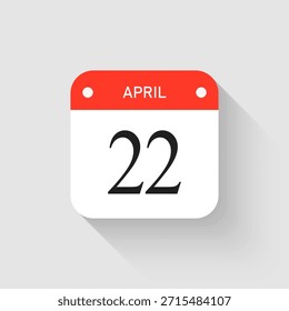 Vektor Symbol Seite Tag Kalender - 22 April. Piktogrammvorlage für Jubiläum, Erinnerung, Zeitplan, Planung. Einfache Illustration Erinnerung 22. Tag des Monats. Kalender an der Wand für Datum, Aufgabenliste