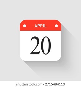 Vector de la página de iconos del calendario del día - 20 de abril. Pictograma de Plantilla para aniversario, recordatorio, horario, planificación. Recordatorio de ilustración simple del día 20 del mes. Calendario en la pared para la fecha, lista de tareas pendientes