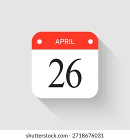 Vector icon page day calendar - 26 April. Pictogram template for anniversary, reminder, schedule, planning. Simple illustration reminder 26th day of month. Calendar on the wall for date, to-do list