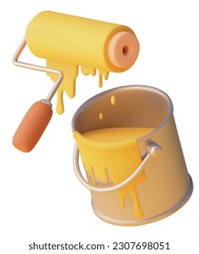 Vector icon. Paint can and paint roller. Wall painting with yellow paint in bucket. Roller brush dripping