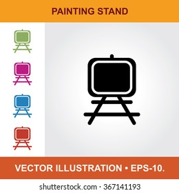 Vector Icon Of Painting Stand With Title & Small Multicolored Icons. Eps-10.