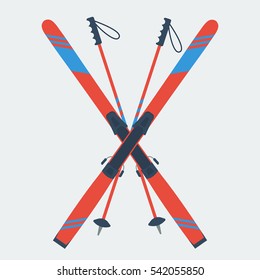 Vector Icon Pair Of Red Skis And Ski Poles Isolated On Grey Background