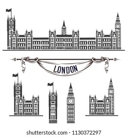 Vector icon of the Palace of Westminster. Set of silhouettes on white background.