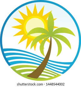 Vector Icon of a Palm tree next to the sea and sun