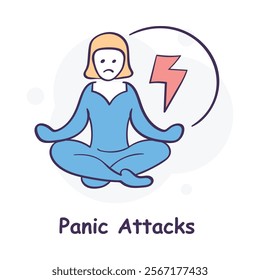 Vector icon for panic attacks. Hand-drawn illustration of a person meditating with stress energy symbol to depict coping mechanisms for anxiety.