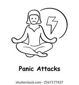 Vector icon for panic attacks. Hand-drawn illustration of a person meditating with stress energy symbol to depict coping mechanisms for anxiety.