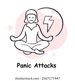 Vector icon for panic attacks. Hand-drawn illustration of a person meditating with stress energy symbol to depict coping mechanisms for anxiety.