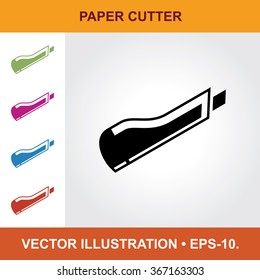 Vector Icon Of Paper Cutter With Title & Small Multicolored Icons. Eps-10.
