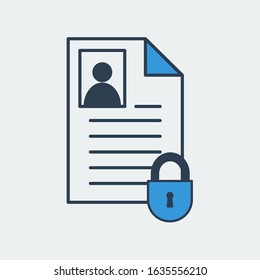 Vector icon of a paper document application with an avatar picture and a lock. It represents protection of documents and importance of personal data security