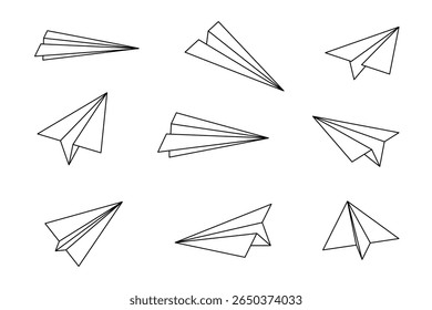 Ícone vetorial de um plano de papel e avião para correio ou voo com desenho delineado fino e pictograma, criado como ilustração web art por projeto de jato ou avião.