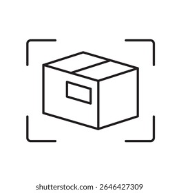 A vector icon of a parcel with a barcode inside a scanner frame, representing label and barcode recognition, created in line style with editable stroke