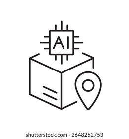 A vector icon of a parcel with a location pin and AI chip, representing smart parcel tracking using artificial intelligence, created in line style with editable stroke