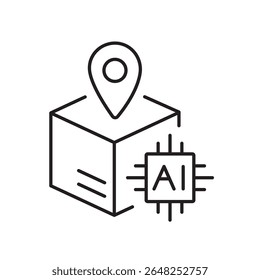 A vector icon of a parcel with a location pin and AI chip, representing real-time delivery tracking with artificial intelligence, created in line style with editable stroke