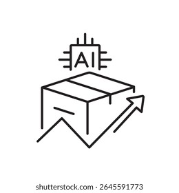 A vector icon of parcel with an upward arrow and AI chip, representing predictive delivery optimization with artificial intelligence, created in line style with editable stroke