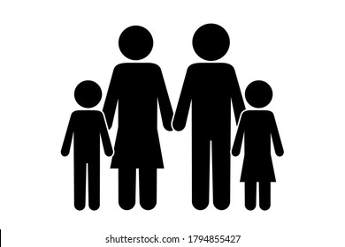 Vector Icon Of Parents With Children. Black Silhouette Of A Family. Black White Family Illustration.