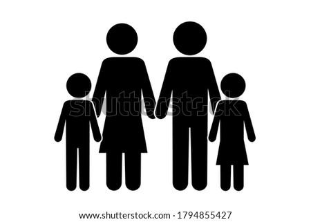 Vector icon of parents with children. Black silhouette of a family. Black White Family Illustration.