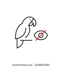 Vector icon of parrot with crossed-out eye, symbolizing hidden pet status, privacy mode, or invisible monitoring. Ideal for pet apps, smart devices, and privacy settings