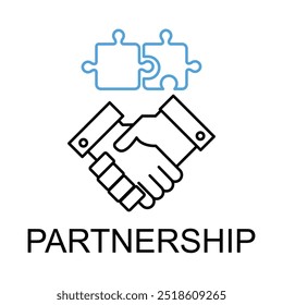 Vector icon for partnership. Two hands shaking with puzzle pieces, symbolizing collaboration, business partnerships, and teamwork in monoline style.