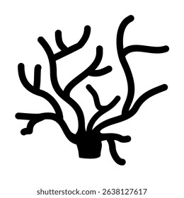 Vector Icon Pastel red coral like deer antlers,
with sea anemones in reef depths,
black silhouette illustration on white background