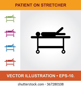 Vector Icon Of Patient on Stretcher With Title & Small Multicolored Icons. Eps-10.