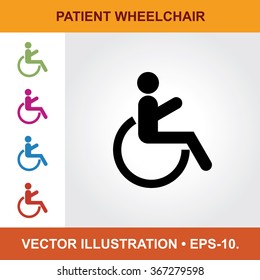 Vector Icon Of Patient on Wheelchair With Title & Small Multicolored Icons. Eps-10.