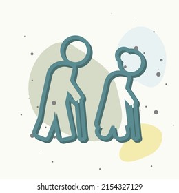 Vector icon of pensioners. Elderly people with a cane on multicolored background. Layers grouped for easy editing illustration. For your design.