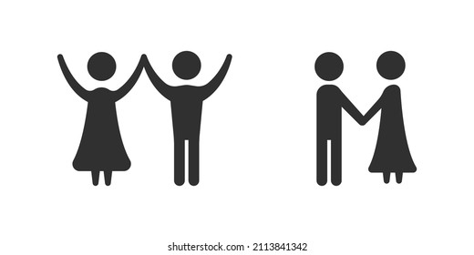 Icono vector de la gente enamorada. El tipo y la chica están tomados de la mano. Pareja enamorada. La gente levanta las manos. EPS10