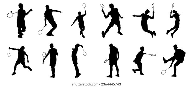 vector icon of people playing badminton.  a collection of silhouettes of people playing badminton in various positions