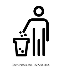 Icono vectorial con la gente lanza basura a la basura. La línea mantiene el signo limpio. Trazo editable. Por favor, suelte basura en un cubo de basura.