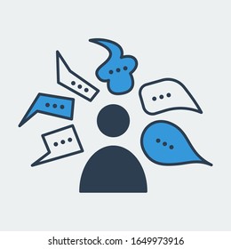 Vector icon with a person and different message shapes around him. It represents engagement of messaging in modern lifestyle