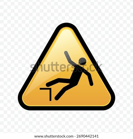 Vector icon of a person falling from a height or edge in a yellow triangle, finished with a glossy effect, indicating danger