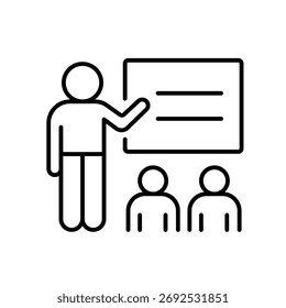 A vector icon of a person giving a presentation to a group, representing DEI training sessions, created in line style with editable stroke
