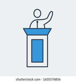 Vector icon of a person giving a speech from the rostrum. It represents speakers, politicians and more