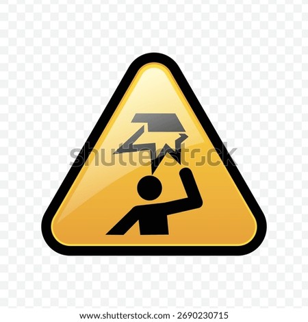 Vector icon of a person hitting their head on a low object in a yellow triangle, indicating a low clearance danger.