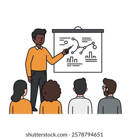 Vector icon of a Person presenting ideas on a whiteboard to a team