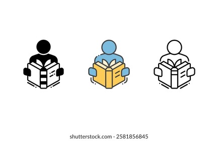 vector icon of a person reading a book, representing the hobby of reading. Outline, Glyph and Filled Outline Style