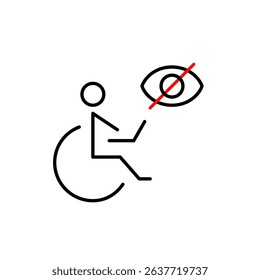 Vector icon of person in wheelchair with crossed-out eye, symbolizing hidden accessibility, private support, or restricted visibility. Ideal for healthcare apps, accessibility tools, privacy settings