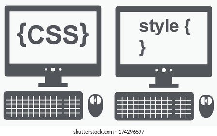 vector icon of personal computer with css on the screen, curves and style lines, isolated grey simple flat illustration on white background