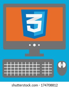 vector icon of personal computer with css3 sign on the screen, isolated simple flat illustration on blue  background